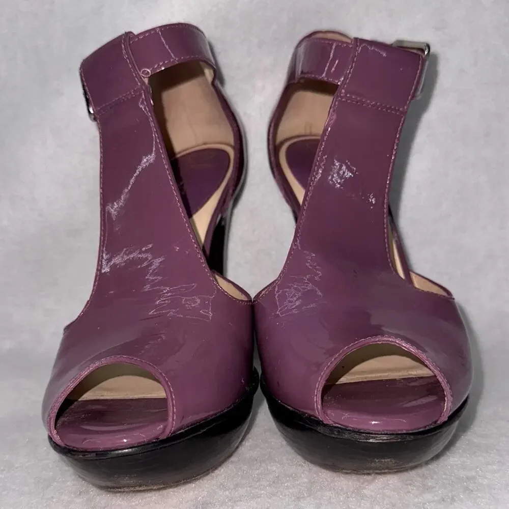 Women’s Cole Haan Alegra Heels Platform Shoes Purple Patent Leather Peep Toe 6.5